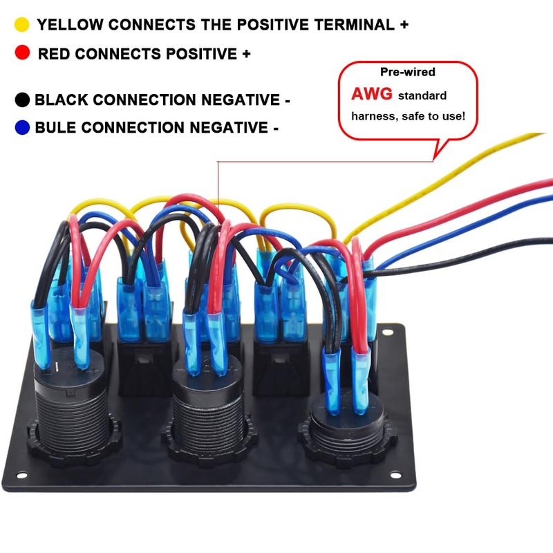 Garfour Red 5 Gang Waterproof Boat Switch Panel Marine Rocker Switch with 12V Voltmeter Type-C and QC 3.0 USB Charging Socket for Car Boat - Image 3